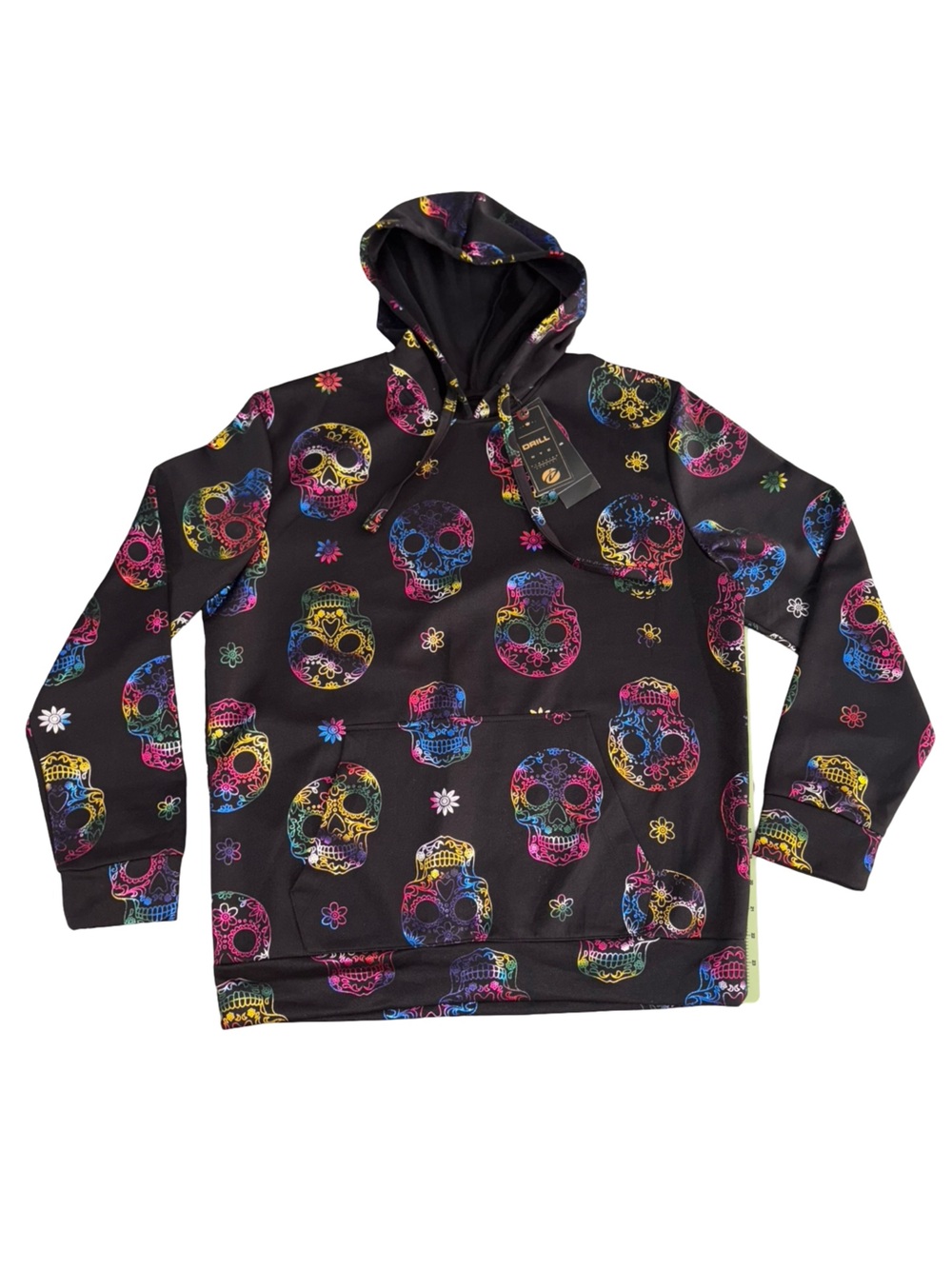 NWT Drill Clothing Rainbow Sugar Skull Hoodie Black Pullover Size Large